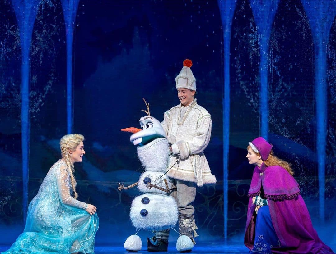 (From left) Jemma Rix as Elsa, Matt Lee as Olaf and Courtney Monsma as Anna in Disney's Frozen The Hit Broadway Musical. PHOTO: LISA TOMASETTI